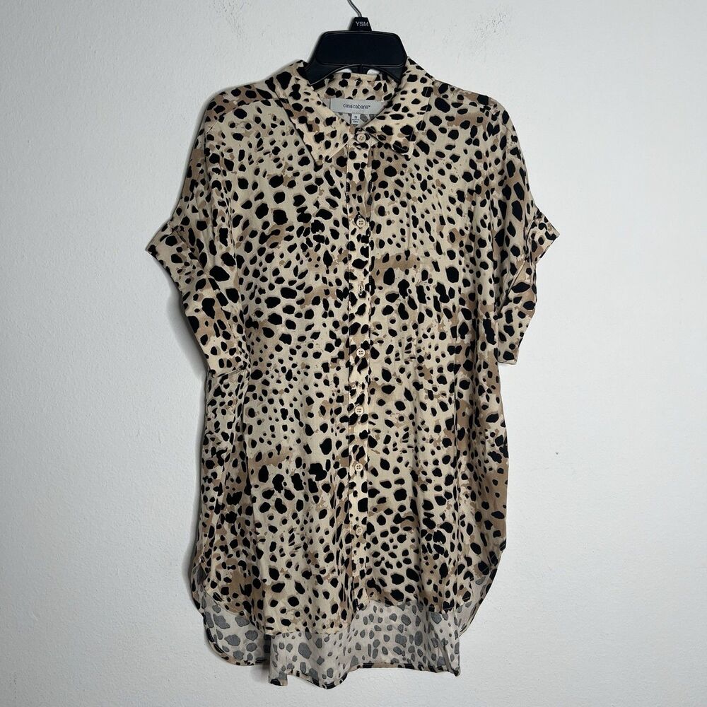 Casa Cabana Women Shirt Leopard Print High Low Button Down  Short Sleeve Sz S
